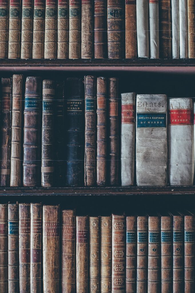 aged, bookcase, books